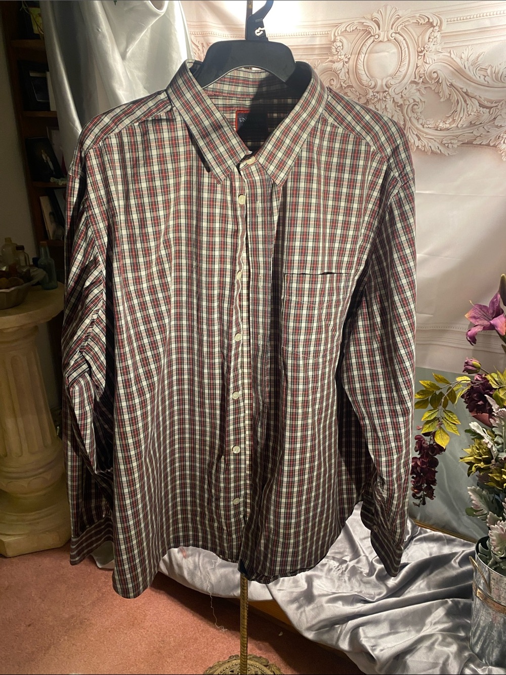 Men's Casual Long-Sleeve Plaid Button-Down Shirt - red/Green